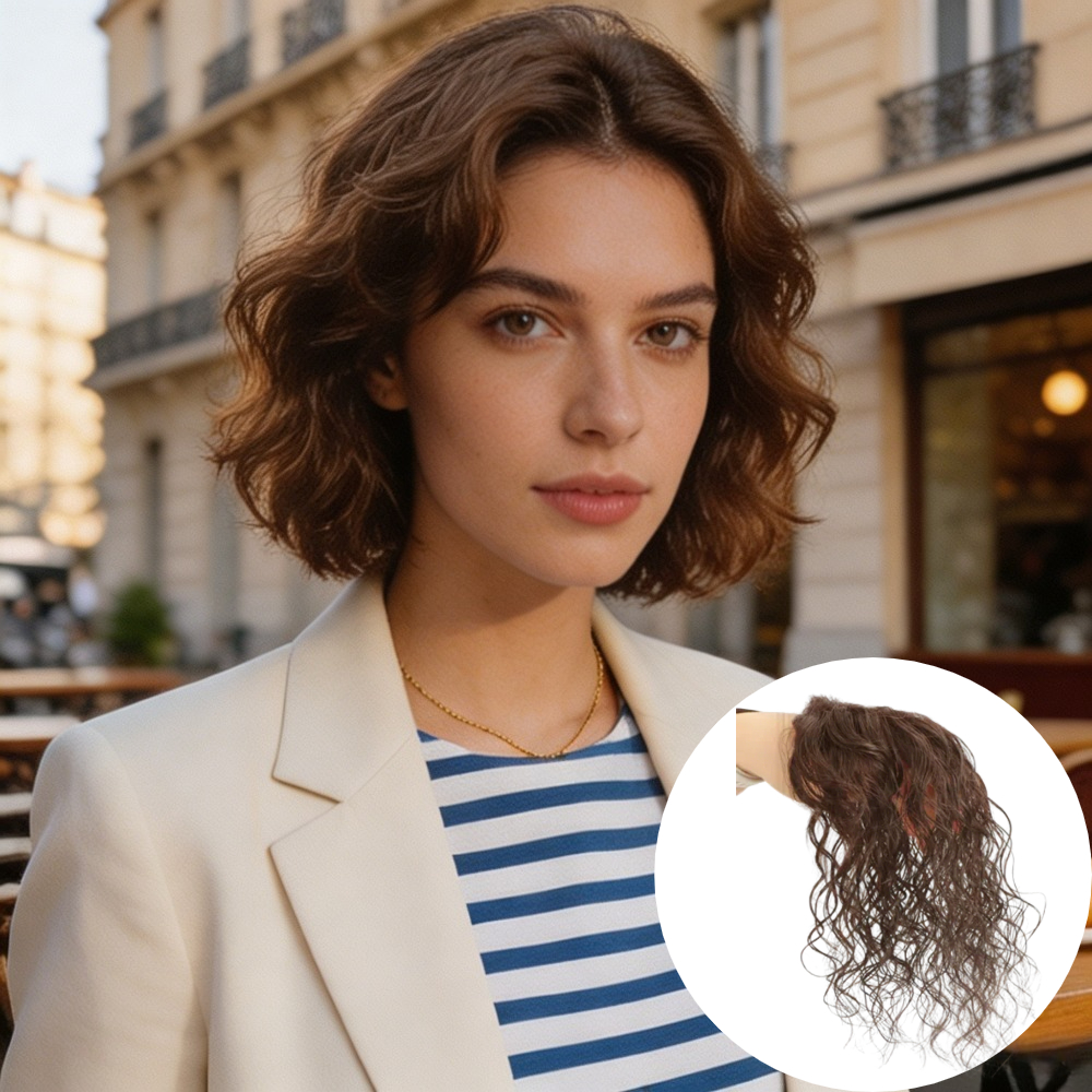 echthaar-  zoll gewelltes haarteil für damen, natürliches schwarz bis schokoladenbraun wiglet für volumen & deckkraft, lockiges haarteil mit pony für damen, atmungsaktive netzbasis, clip-in haarextensions für dünner werdendes haar, natürliches schwarzbraun, für den täglichen gebrauch