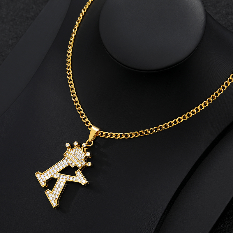 Image of Men's 18k Gold Plated Crown Pendant Necklace With Sparkling Cubic Synthetic Synthetic Zirconia Letter - Retro & Hip-hop Style Jewelry For Parties, Daily Wear, , Suitable For Women