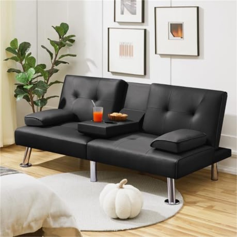 Modern Faux Leather Sofa Bed with Adjustable Recliner And Cup Holders Black
