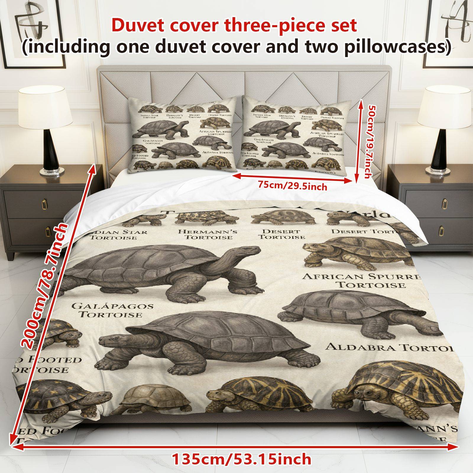 TEMU 3pcs Bedding Including 1 Duvet Cover And 2 Pillowcases (filler Not Included), Featuring A Tortoise-themed Illustration Of Wildlife And Nature,