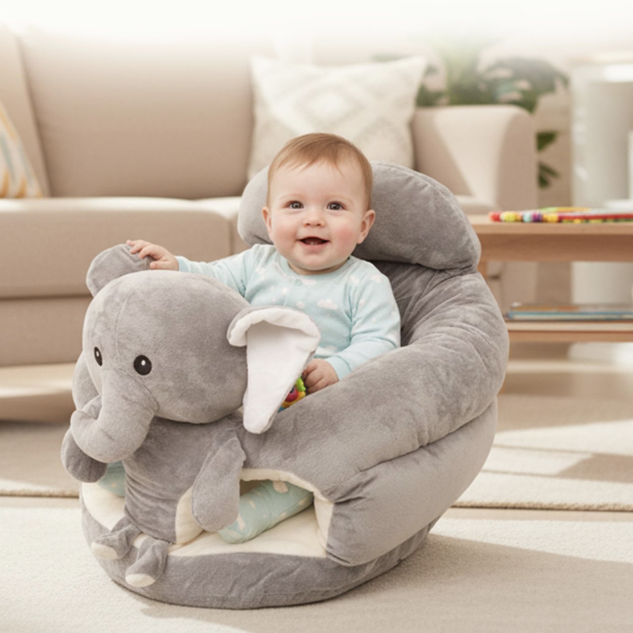 Plush Elephant Baby Support Seat - Ultra-Soft Cushioned Infant Lounger with Grey & White Elephant Design, Tummy Time Bed for & Toddlers, Non-Toxic Soft Fabric, Ideal Gift for Christmas, Birthdays, (No Assembly Required
