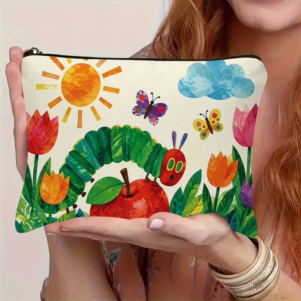 TEMU 1pc For Caterpillar & Print Makeup Bag - Double-sided Suitable For Caterpillar Themed Cosmetic Pouch, Reusable Travel With Caterpillar Eating ,