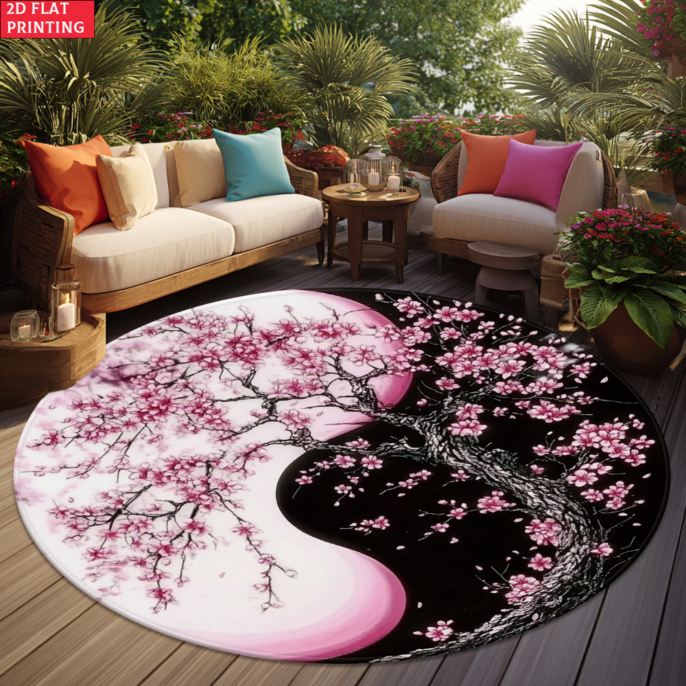 TEMU 2d Flat 1pc 850gsm Velvet Yin Yang Cherry Hd Round Floor Mat, Suitable For Entryway, Living Room Decorative Mats, Meditation Cushion, Holiday