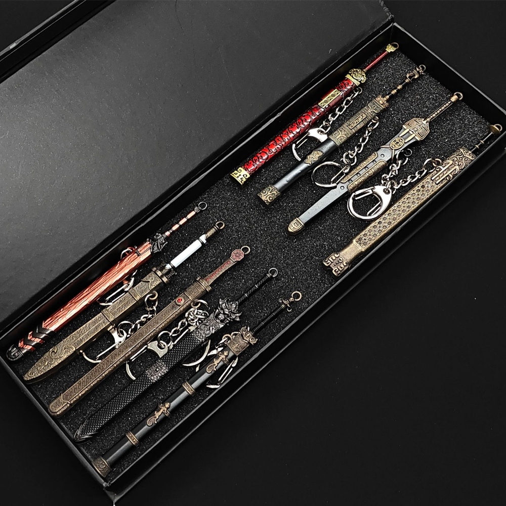 

9pcs Donqe Mini Sword Keychain Set With Scabbards, Alloy - Elegant Black Display Case Included, Ideal For & Collectors, Perfect Hiking Accessory Gift!, Hiking Accessories