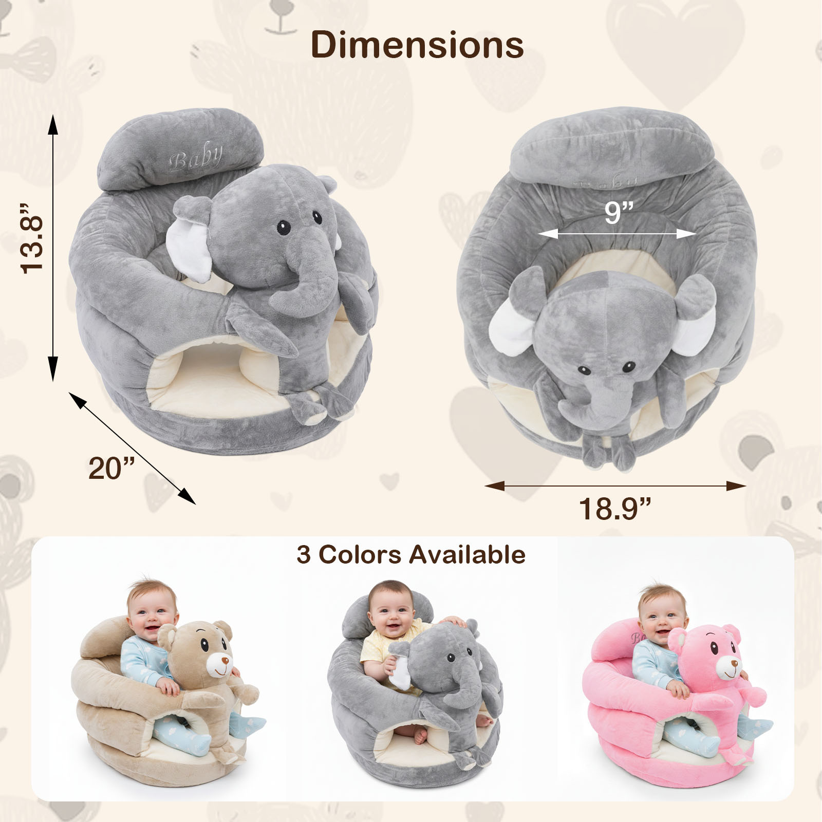 Plush Elephant Baby Support Seat - Ultra-Soft Cushioned Infant Lounger with Grey & White Elephant Design, Tummy Time Bed for & Toddlers, Non-Toxic Soft Fabric, Ideal Gift for Christmas, Birthdays, (No Assembly Required