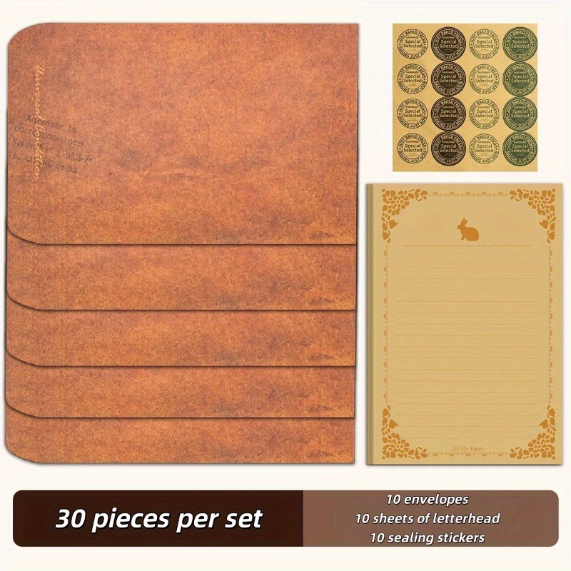 E-shop 30-teiliges Elegantes Vintage-Briefpapier-Set: 10 Blätter Briefkopf, 10 Kartenumschläge und 10 Runde Siegelsticker mit klassischem Design, für