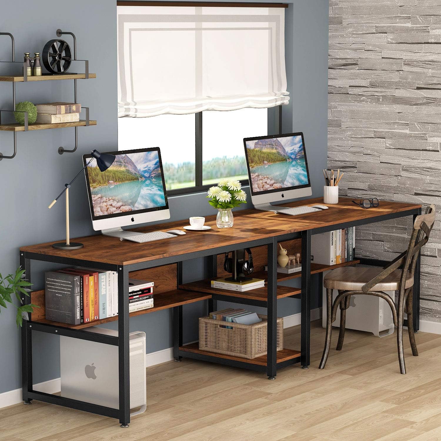 200 Cm Double Rustic Long Desk With Shelves | Office People, /black, Wood Material, Brand: