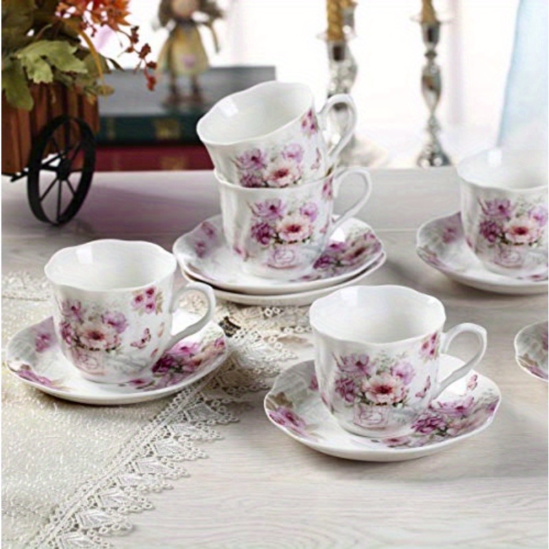 elegant floral porcelain tea cups and saucers set of 6 7oz pink and purple flowers microwave dishwasher safe ideal gift for   tea cup set Product details 5
