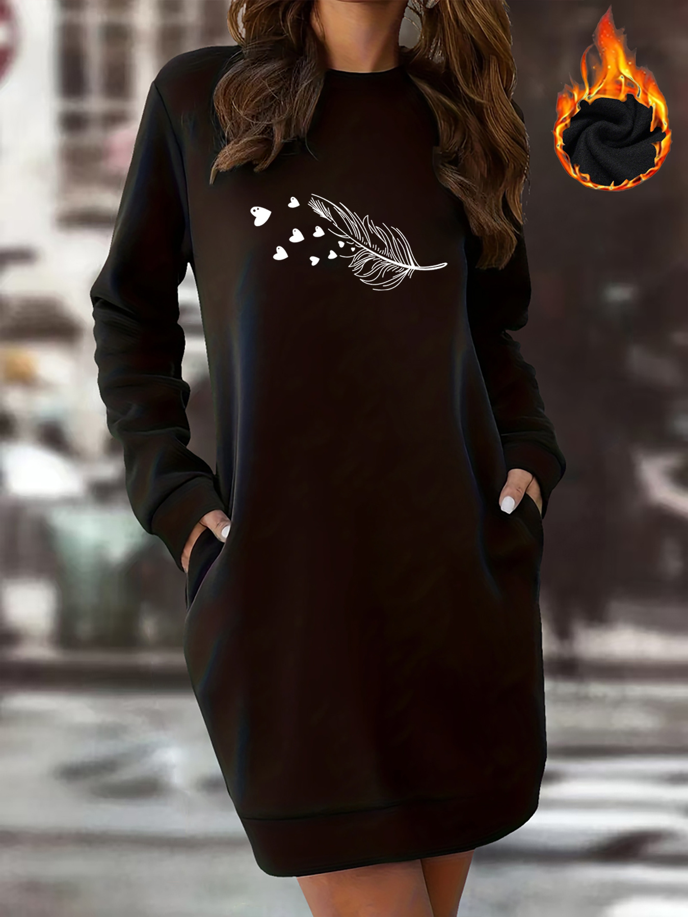 womens cozy fleece lined long sleeve dress heart print side - Temu Mauritius