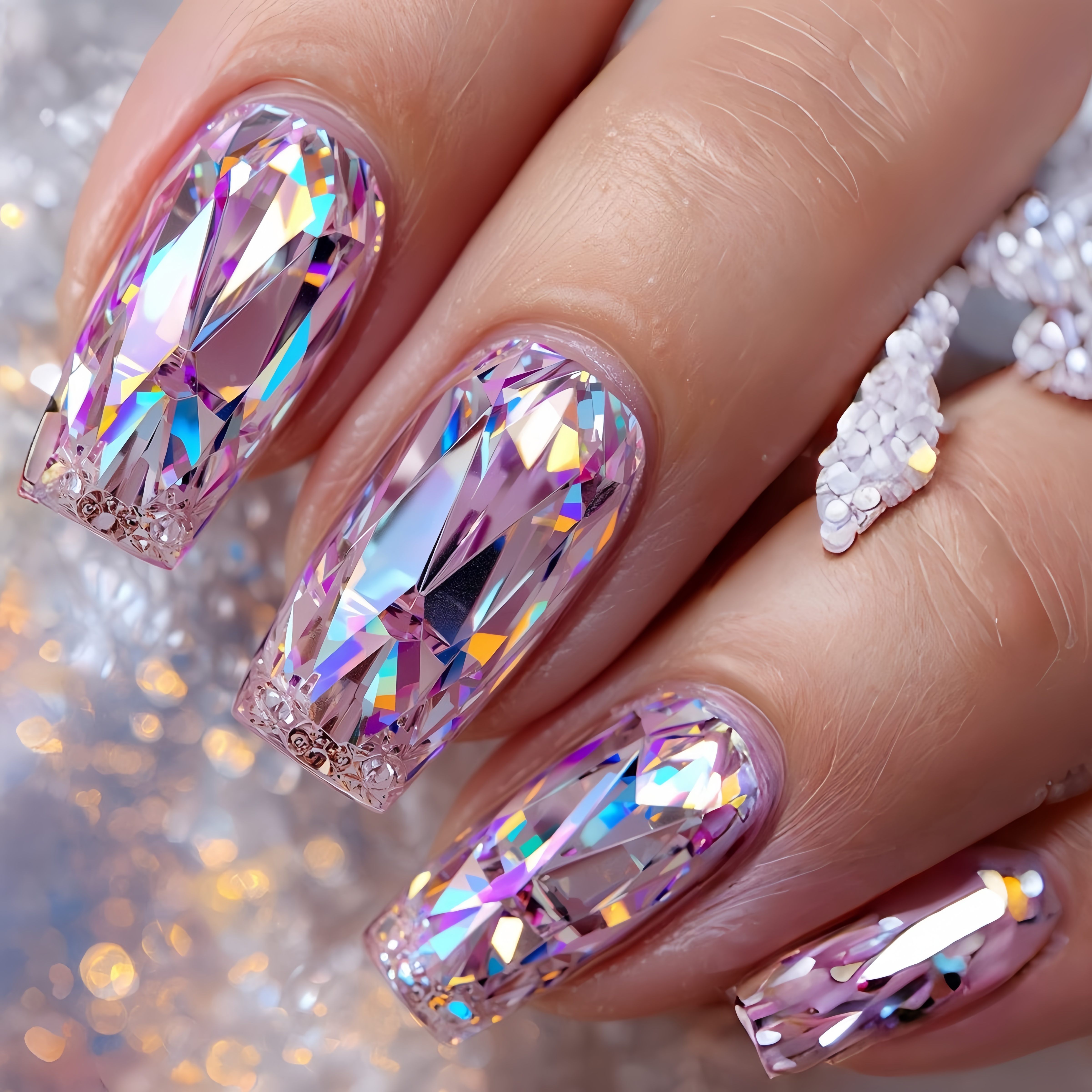 TEMU 24pcs Pink-purple Iridescent Gemstone Press-on Nails, Long European Square Tips, Universal Reusable Artificial Nails For Women, Detachable Fake