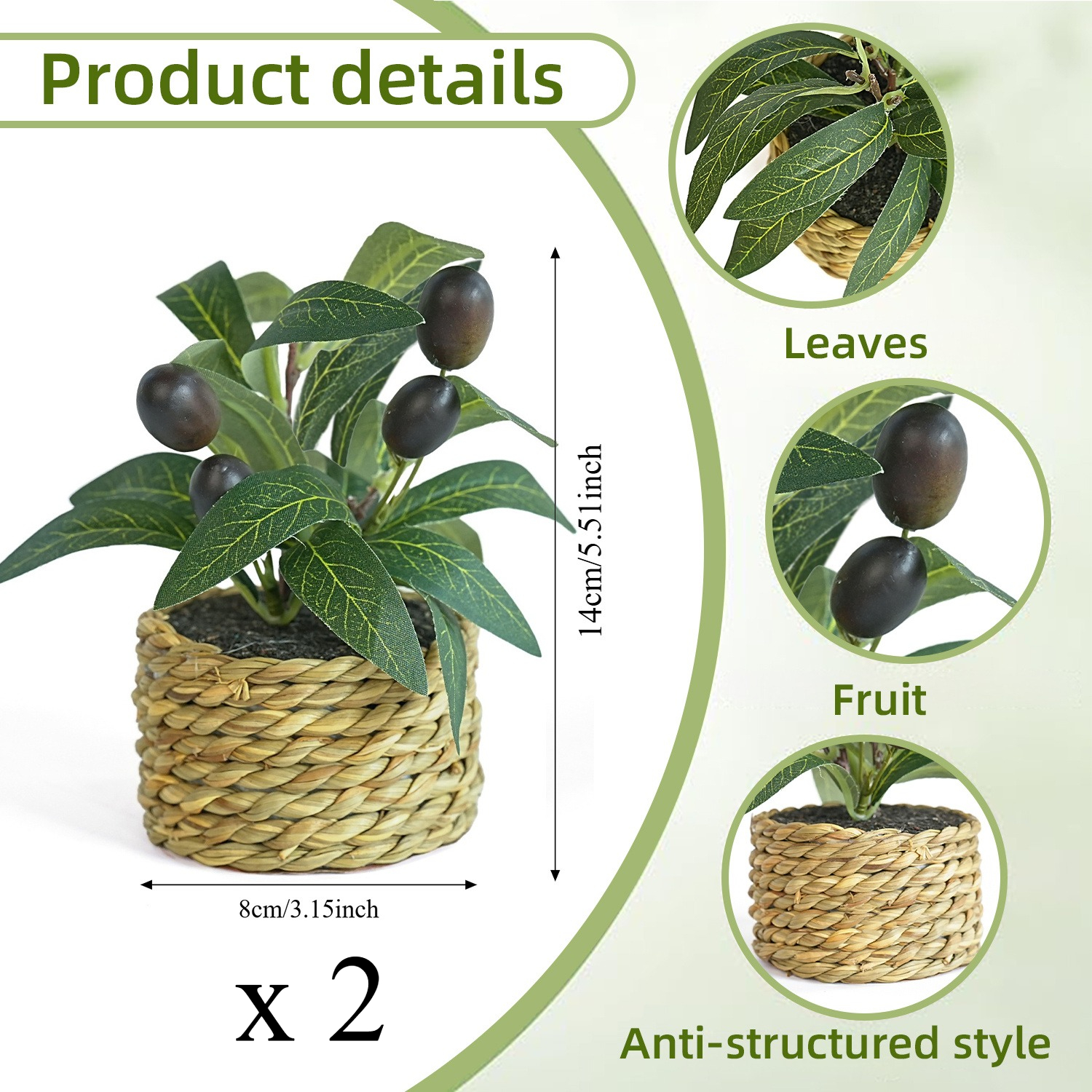 Simulated Olive Plants In 2pcs Woven Baskets, Small Faux Olive Tree Potted Plants, Artificial Greenery With Olives, For Home, Office, Shelves, Desktop Decoration