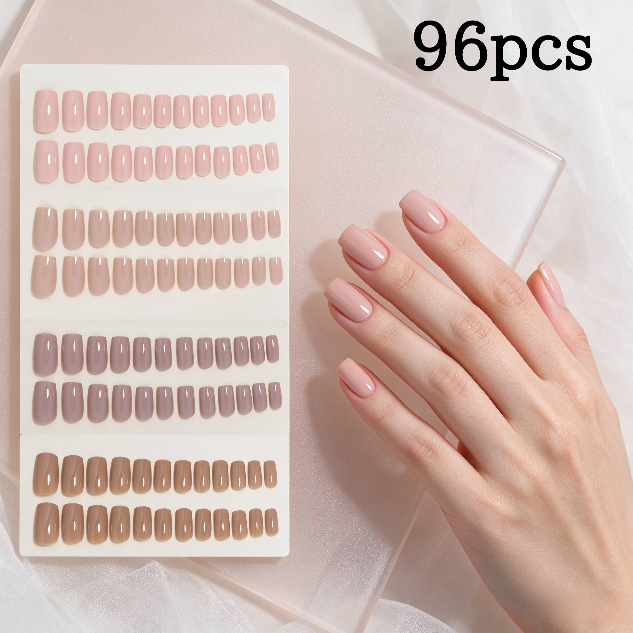 TEMU 96pcs Solid Nude Brown Short Square Press-on Nail Tips, Glossy Nude Brown Short Square Press-on Nails, Classic Low- Nude Shades Press-on Nail
