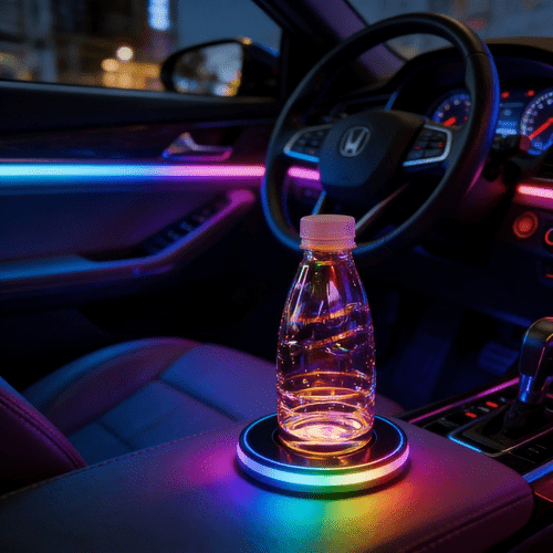 2pcs car interior led cup holder light coaster 7 color ambient lighting non slip design fits most vehicle cup holders