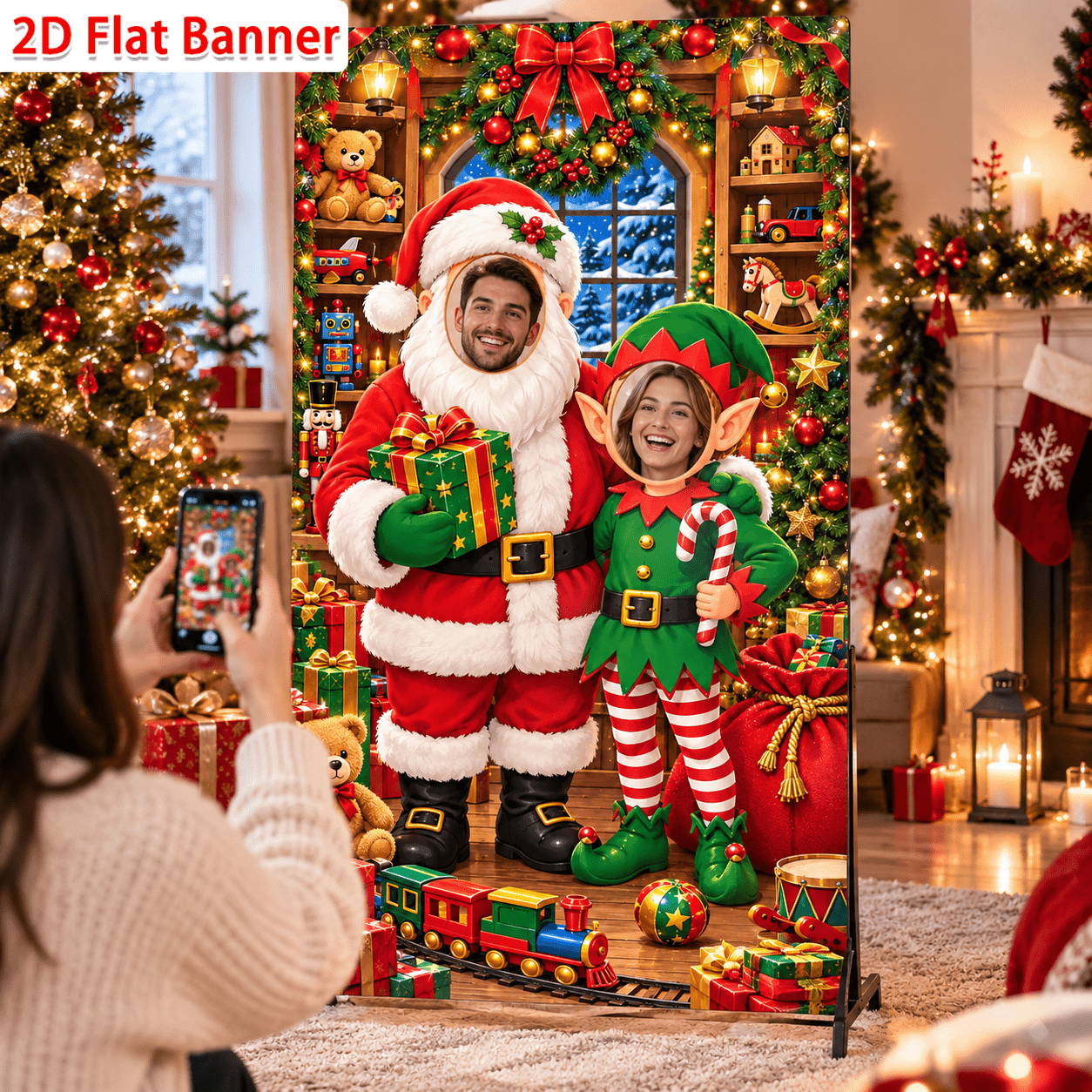 TEMU 2d Flat, 2d Flat Banner 1pc Christmas Photo Booth Backdrop, Santa & Elf Face Cutout Banner With Gifts, Toys, Wreath & , Holiday Party Photo Prop