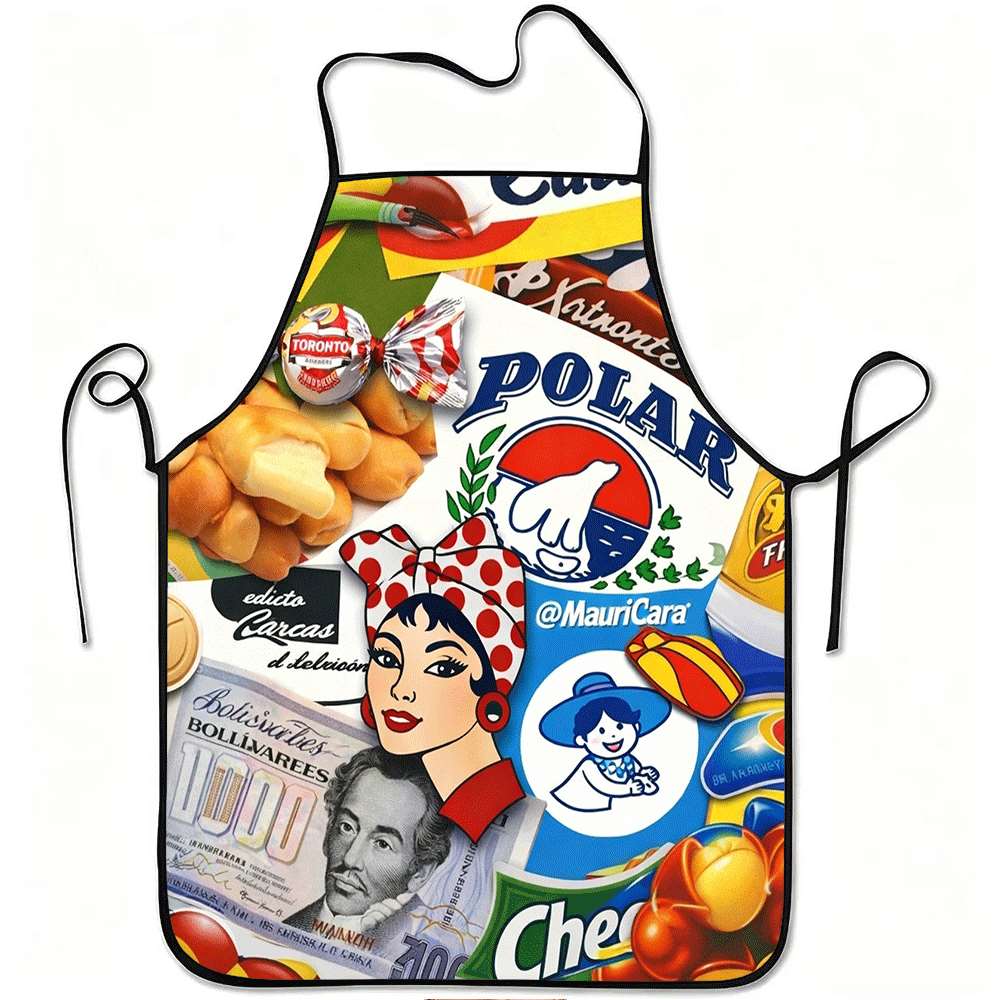 TEMU 1pc Retro Venezuelan Snacks Print Apron Durable Polyester, Adjustable Waistband, Ideal For Kitchen Cooking, Gardening, Picking, Christmas Halloween