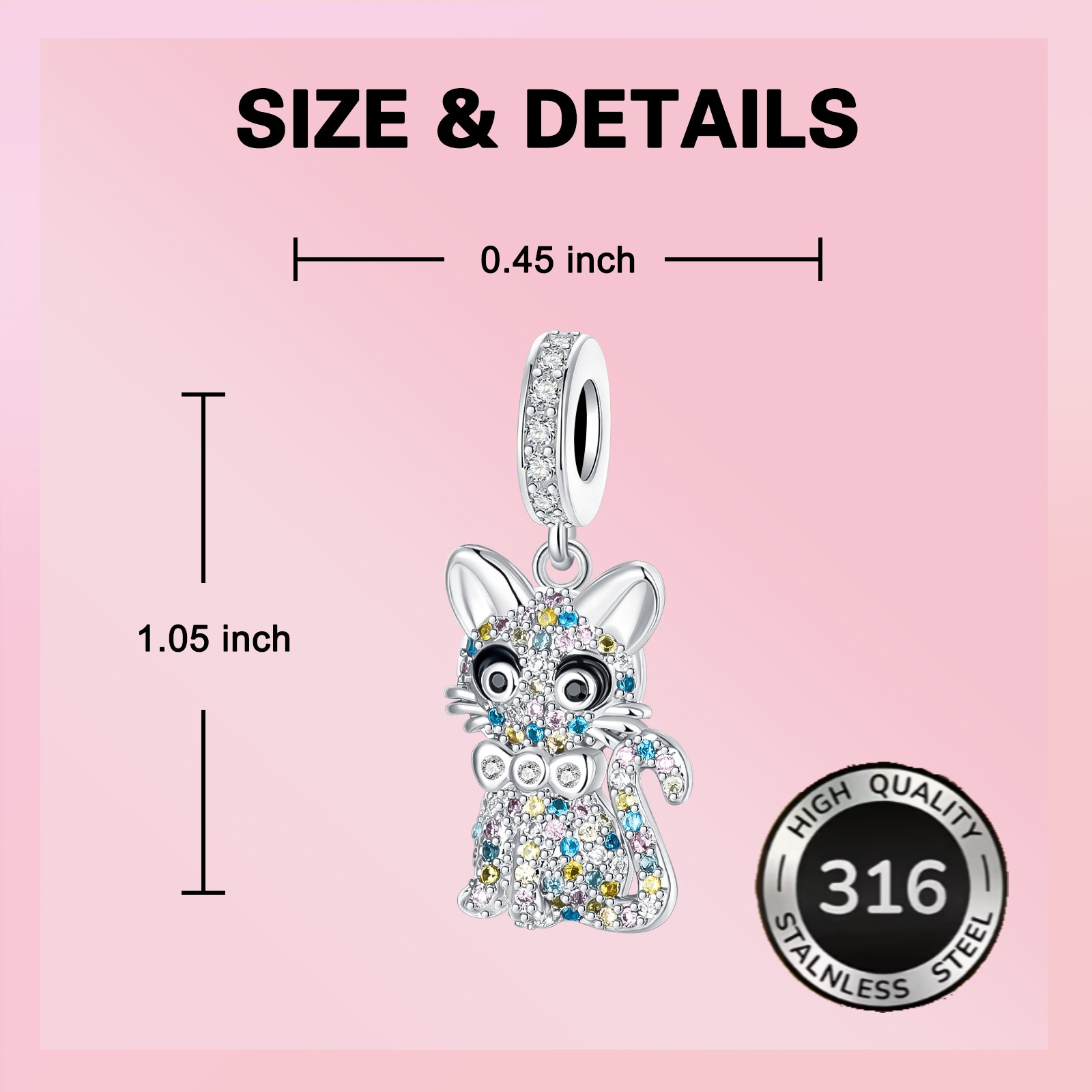 316 Stainless Steel Full Zirconia Rainbow Cat Pendant