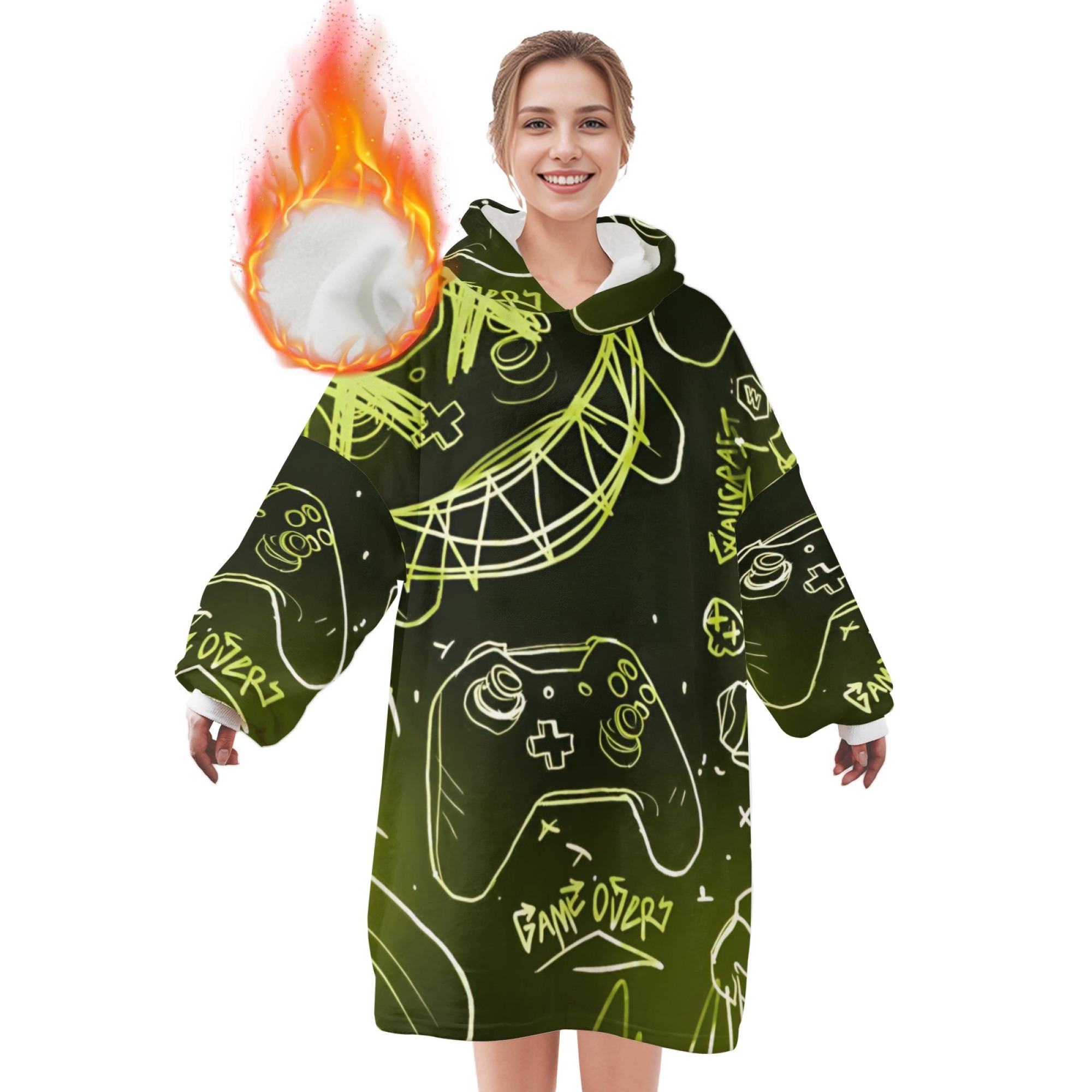 TEMU Printed Flannel Wearable Blanket Loose Thickened Warm Fabric Soft And Comfortable Men's And Women's Homewear Hoodie Pajamas Machine Washable