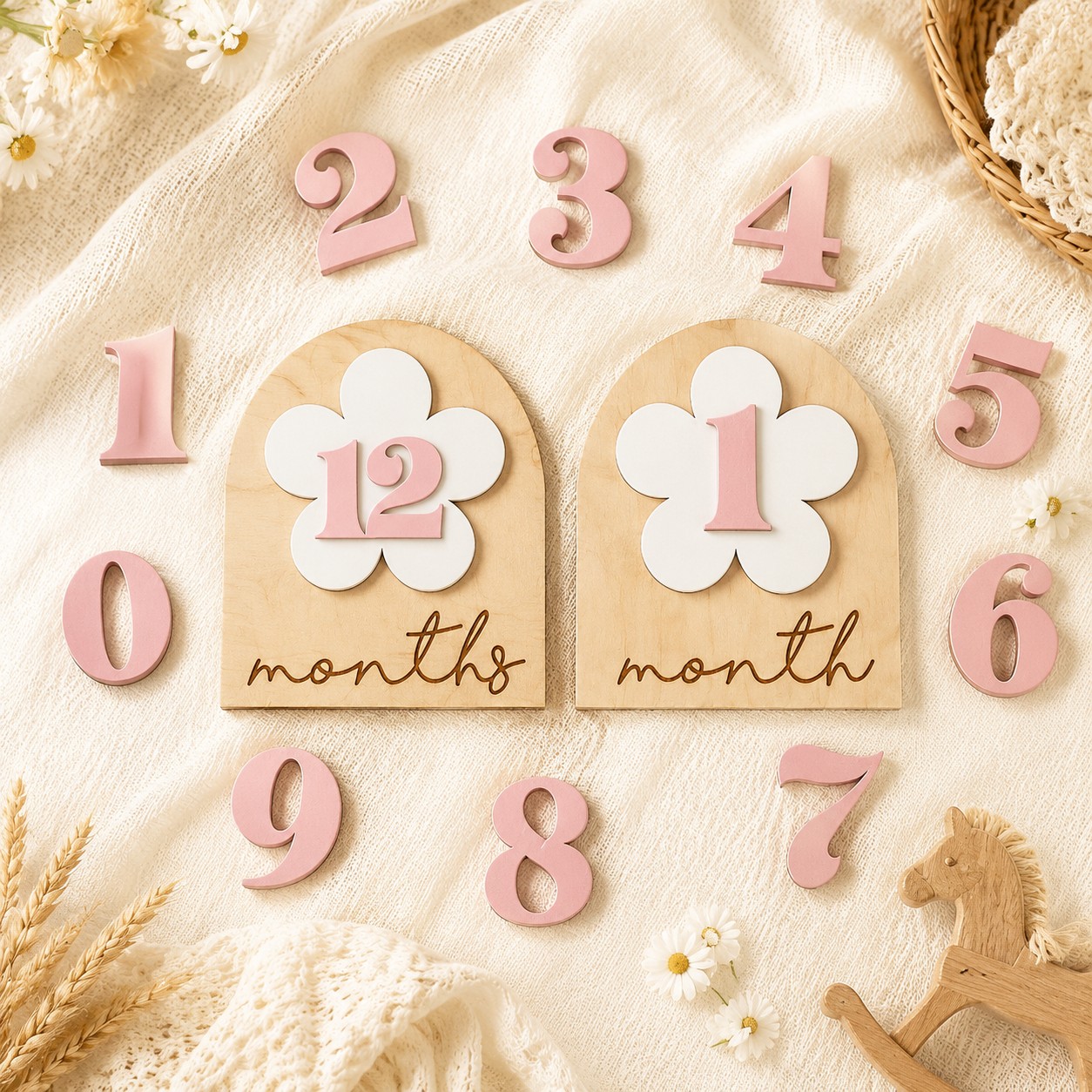 TEMU Birth Month Sign Wooden Photo Prop Daisy Milestone Card First Year Growth Record Decor