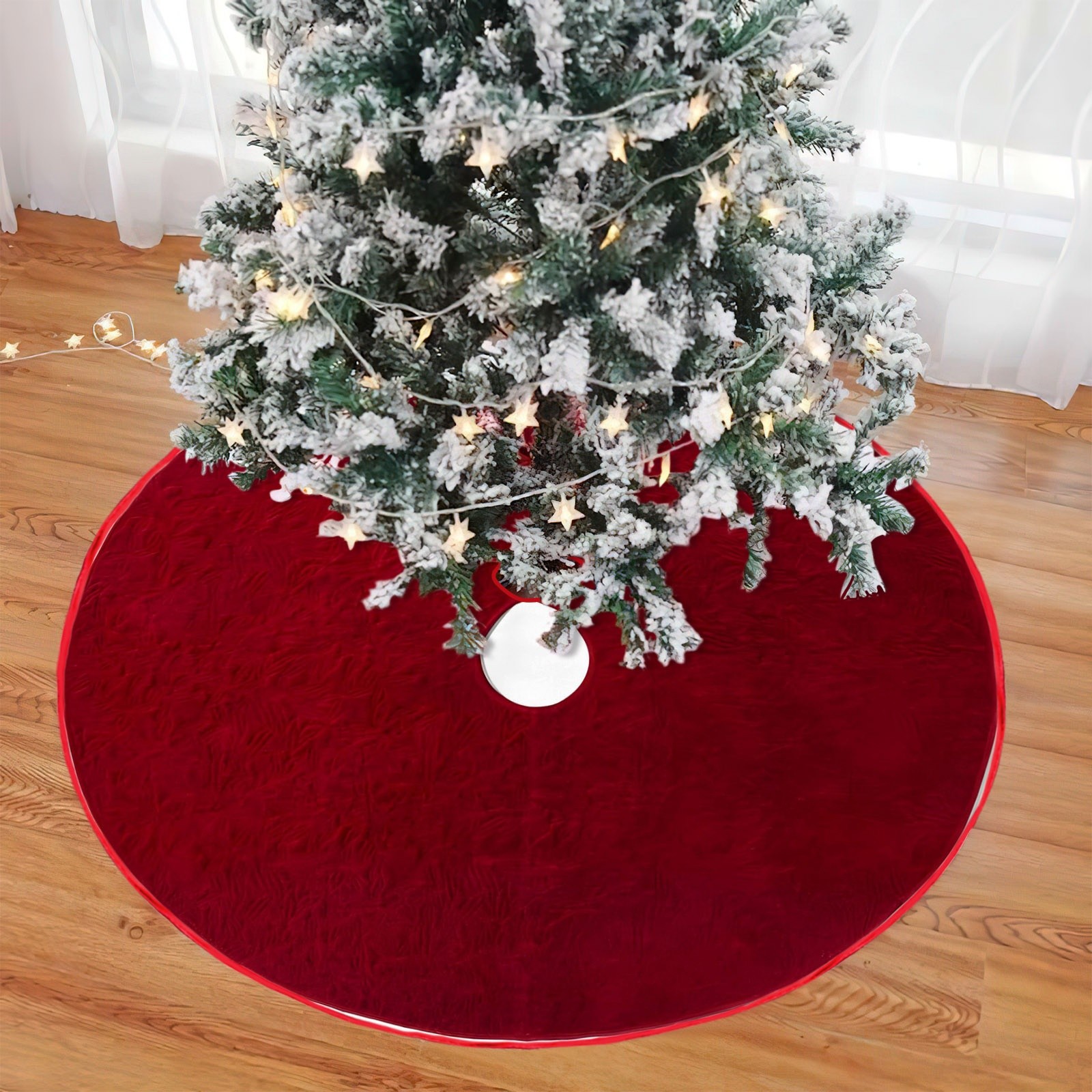 TEMU 1 falda festiva texturizada de poliéster para árbol de Navidad con rojos decorativos, decoración redonda de felpa para las fiestas con central