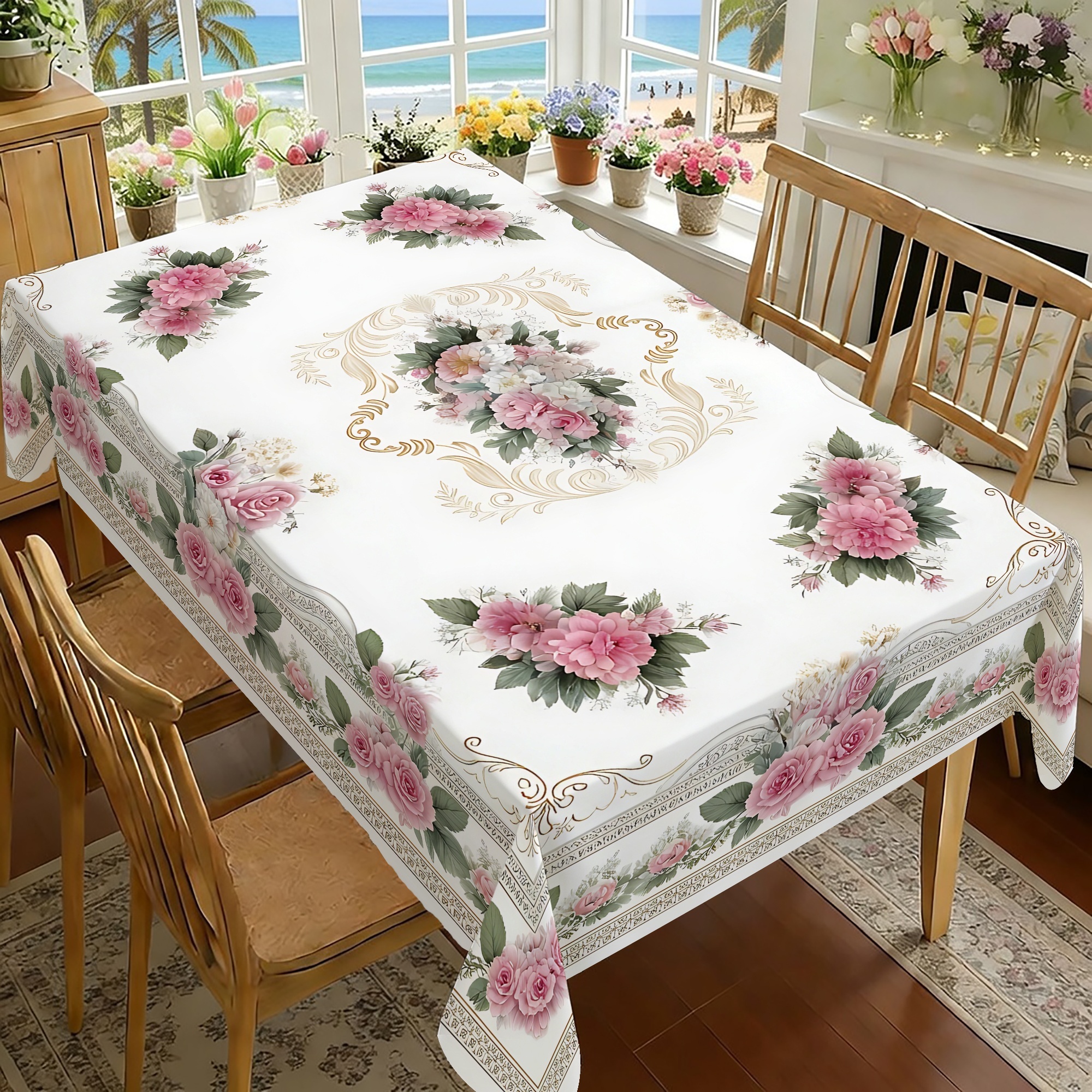 TEMU 2d Flat Party Tablecover, 1pc, 1pc Elegant Pink Rose Tablecloth With Lace Trim, Suitable For Table Covers, Vintage Floral Rectangular/