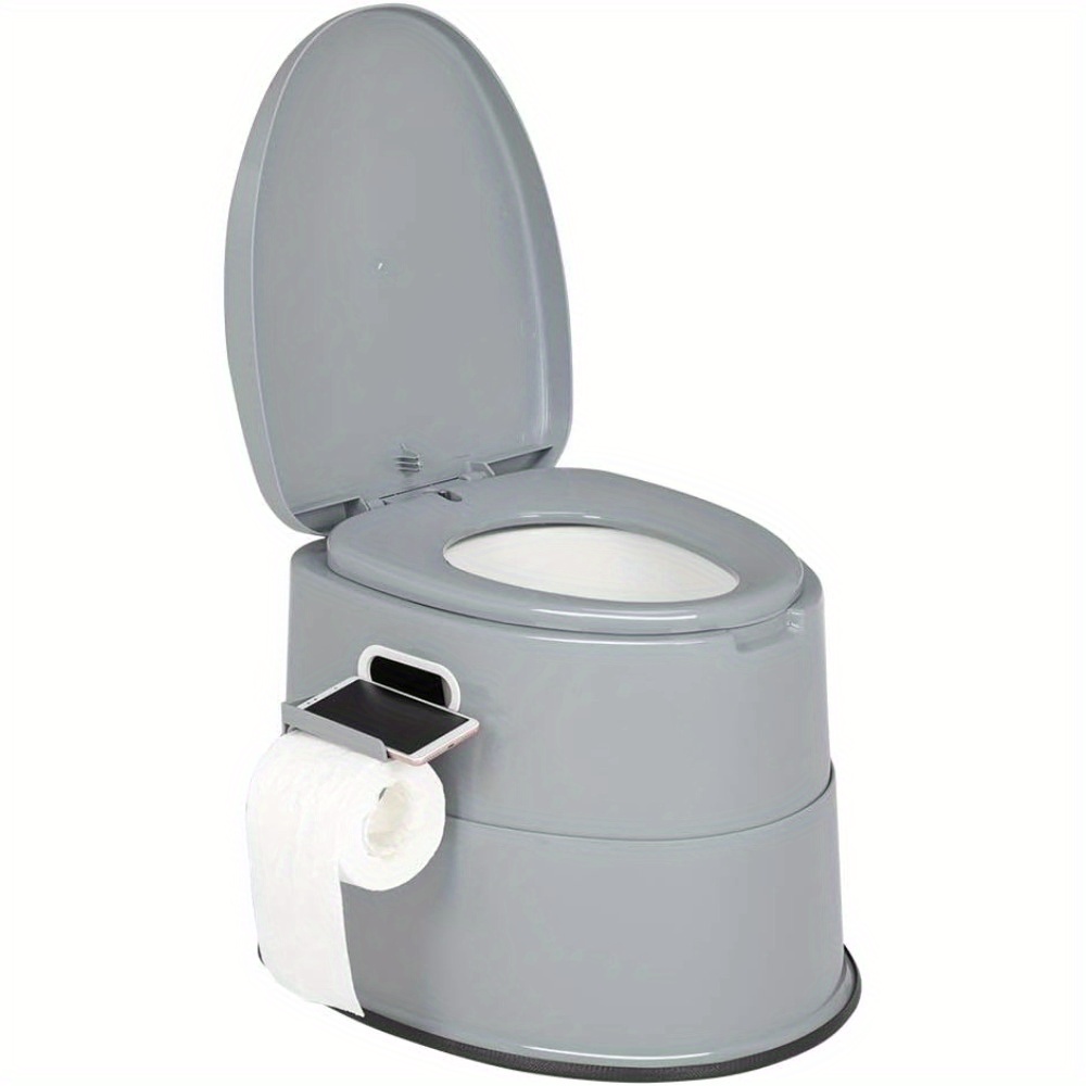 Portable Camping Toilets By Bonnlo, Featuring A Removable Inner Bucket, A Seat, A Lid, And A Toilet Paper Holder, Designed For Travel And Outdoor Use, In Gray