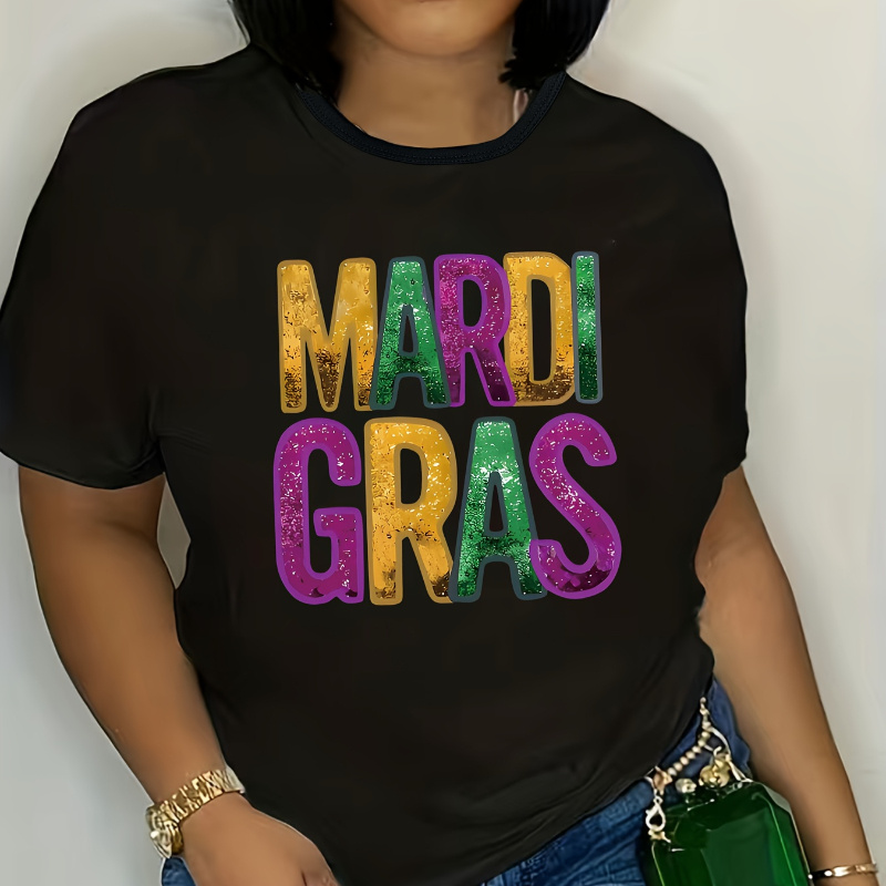 

1pc Vintage Mardi Gras Letter Print T-shirt, Women's Crew Neck Short Sleeve Casual Top, Cotton Knit Fabric, Wear