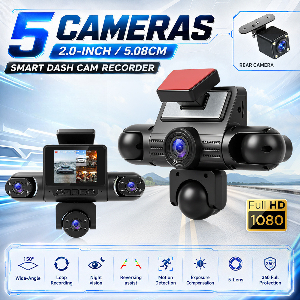 Image of 360 Degree View 5 Channel Dash Cam For Cars, Dash Cam Car Camera Front And Rear Inside , 2'' Dashcam With Night Vision, Loop Recording, Reverse View