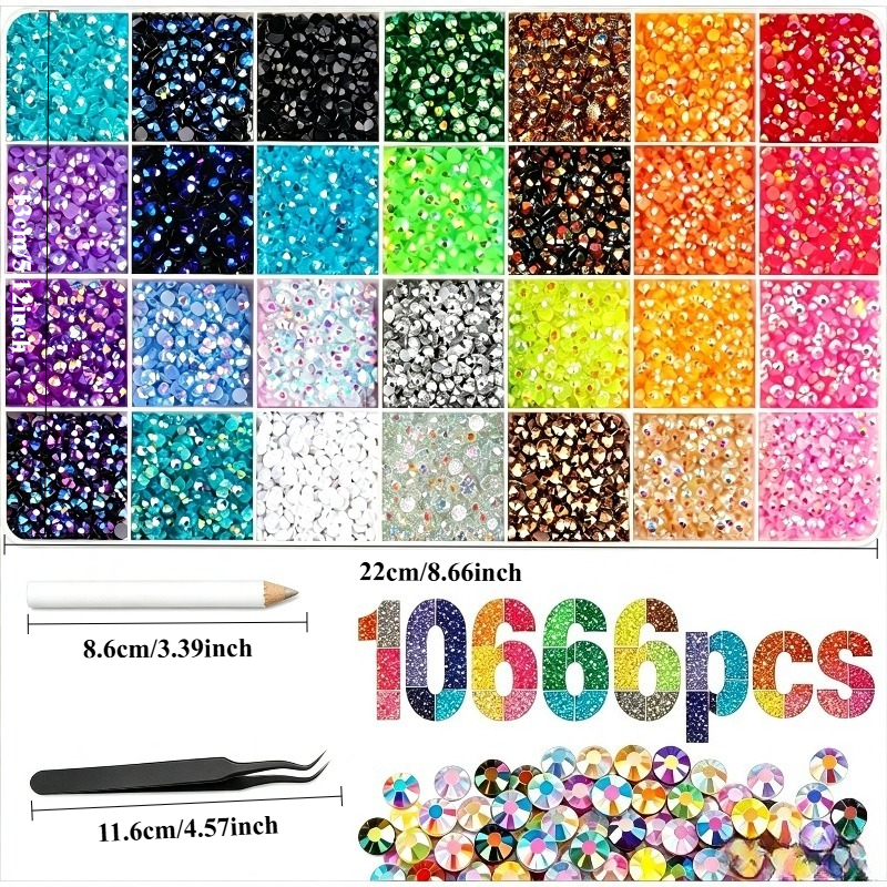 TEMU Kit de 10666 strass en résine gelée AB de 3 mm, 28 couleurs, accessoires de bricolage, strass plats irisés colorés en résine, pour décoration de