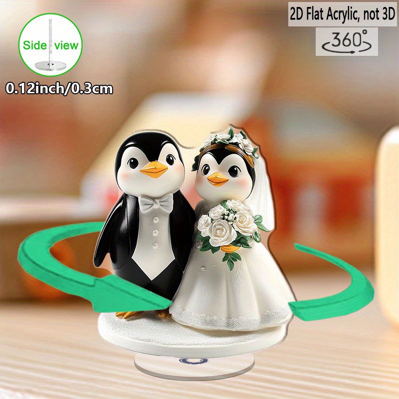 E-shop 2D Flach, 1 Stück Drehbare Pinguin-Paar Hochzeitsfigur - Acryl Pinguin in Hochzeitsanzügen, Drehbare Basis für 2D Pinguin Hochzeitsszene -