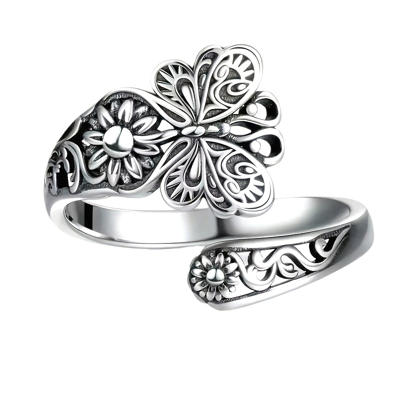 E-shop Modischer Vintage Silberner Offener Ring, Exquisites Schmetterlings-Blumenmuster Bohemian Schmuck, Eleganter Kupferring für Damen Party Casual