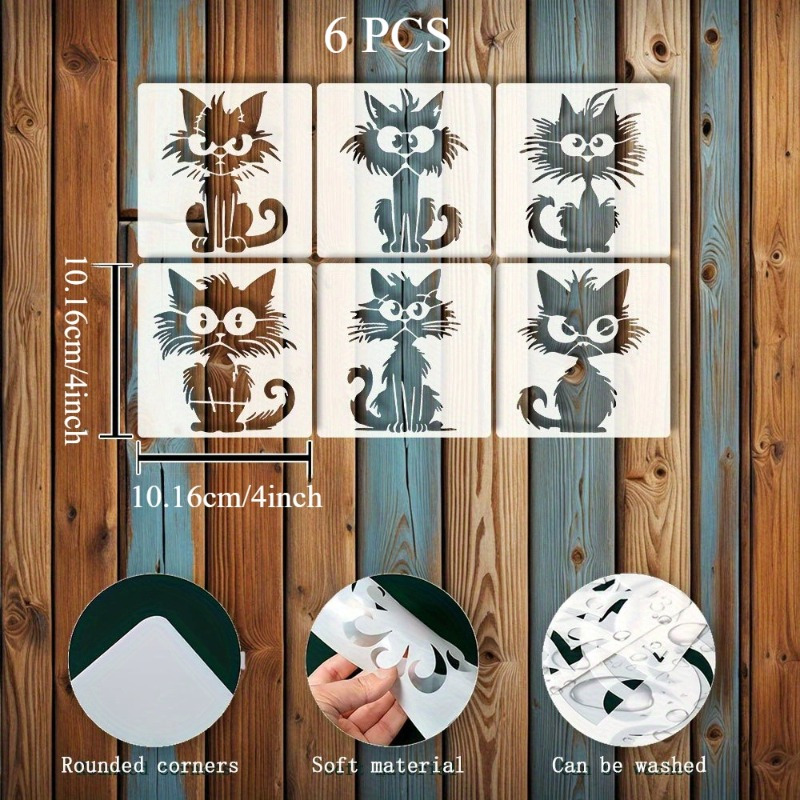 Image of 6pcs Cat Painting Template Set, Design --- Washable And Reusable, Suitable For Diy Crafts On Wood, Fabric, Paper, Wall, Canvas And Floor