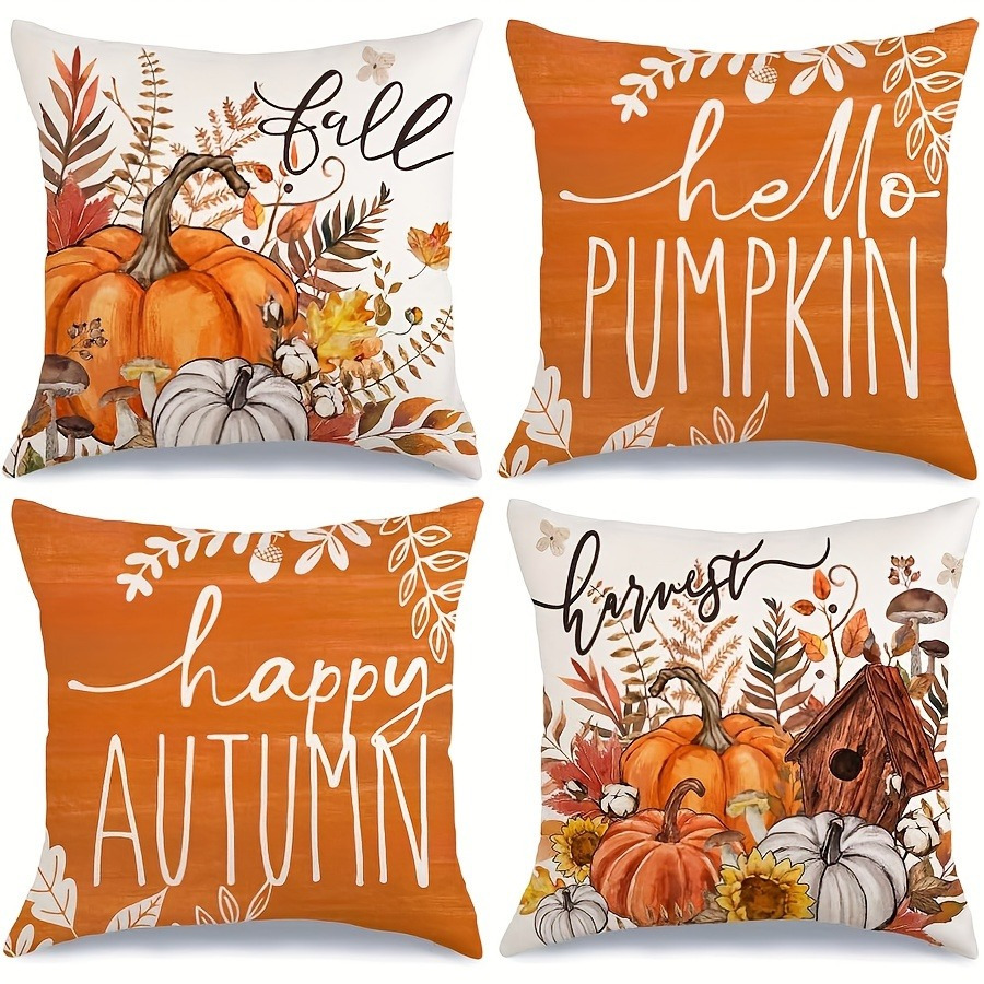 4pcs Set - Hello Pumpkin & Harvest Patterns, Made Of Orange Polyester Fabric, Featuring A Zipper Design For , For Farmhouse Decor
