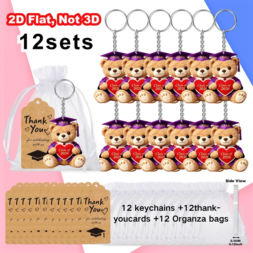 TEMU 2d Flat, 12 Sets 2026 Purple Graduation Bear Acrylic Keychain Set, Cute "class Of 2026" Bear Keychains, Includes Thank You Card And Organza Bag,