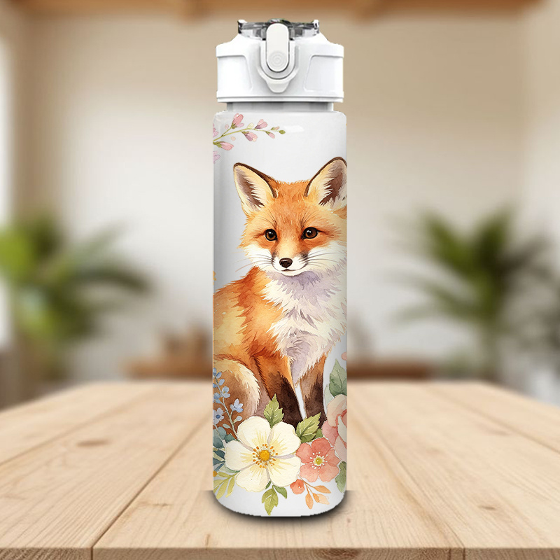 TEMU 1pc Watercolor Fox, 750ml/26oz White Plastic Sports Water Bottle, Cute Single-sided Printed Design, Leak-proof With Pop-up Lid, Suitable For