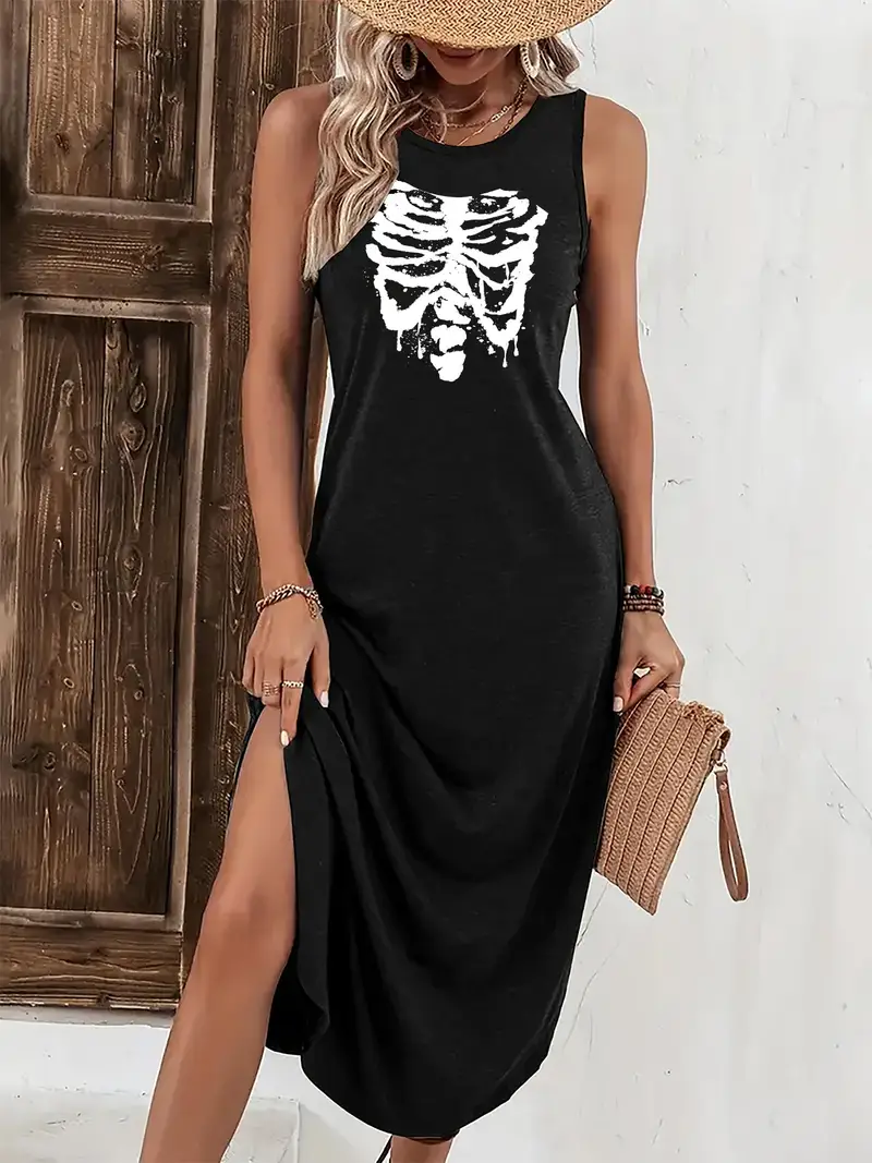 skeleton t shirt dress Black Plus Halloween Skeleton Print T-Shirt Dress