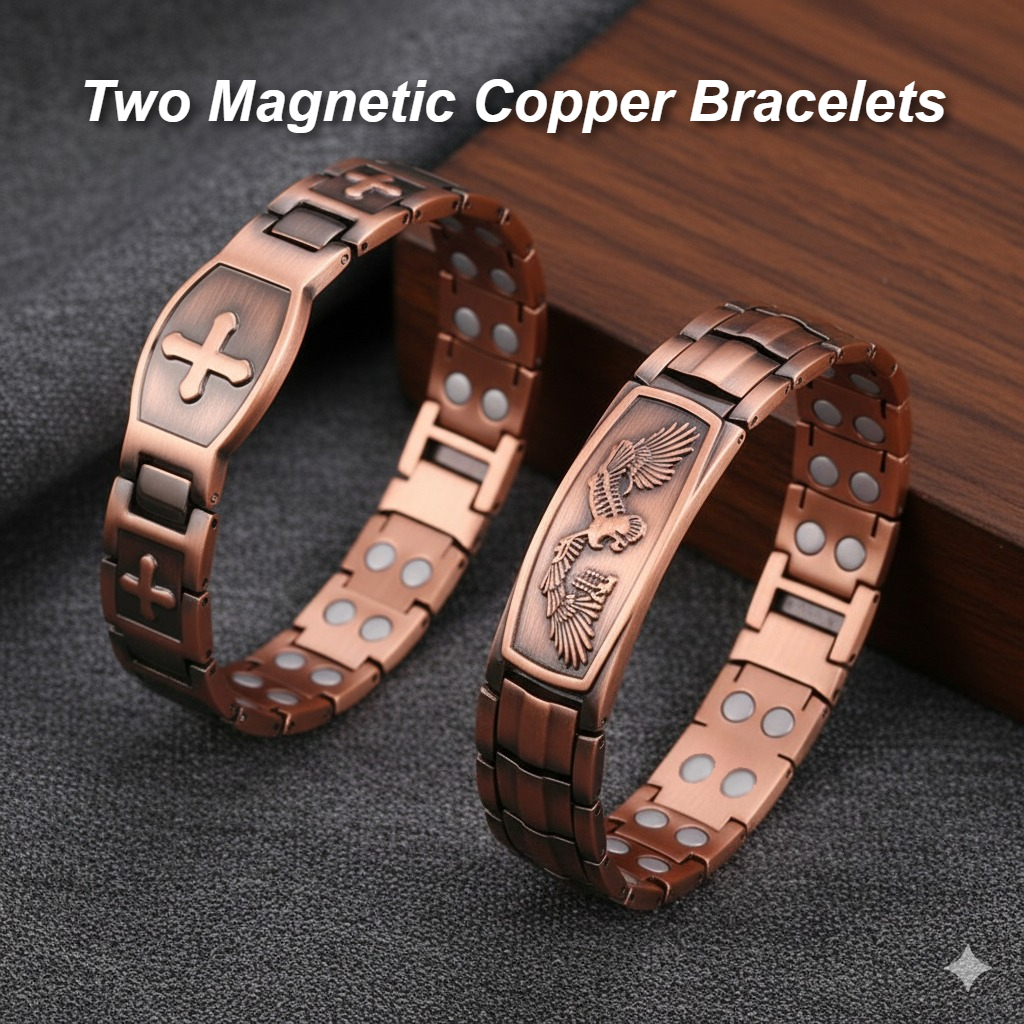 E-shop Zwei magnetische Herren-Kupferarmbänder mit Kreuz und klassischem Adler-Design. Hergestellt aus robustem Kupfer. Kupferarmbänder für Herren.