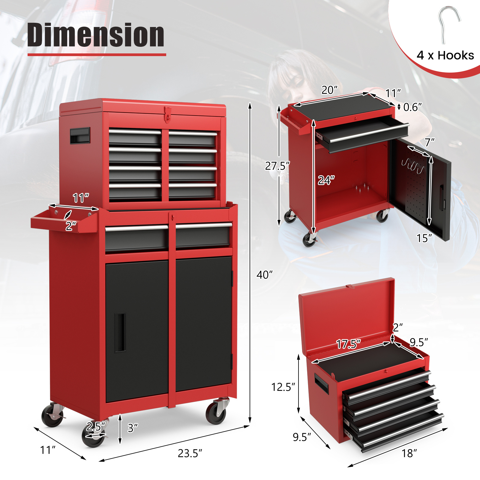 2 in 1 rolling tool chest cabinet with 5 sliding drawers heavy duty metal garage organizer red adjustable shelf lockable tires and removable tool box for workshop or tool room