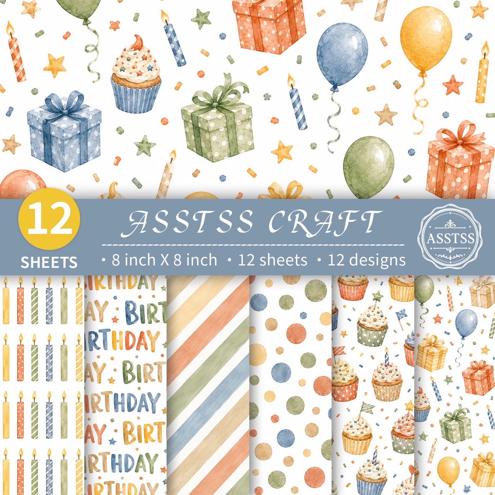 TEMU 12-sheet Asstss Heavyweight Scrapbooking Paper Pad Suitable For Journaling, Collage Art & Card Making - Neutral Watercolor Balloon, Polka Dot,