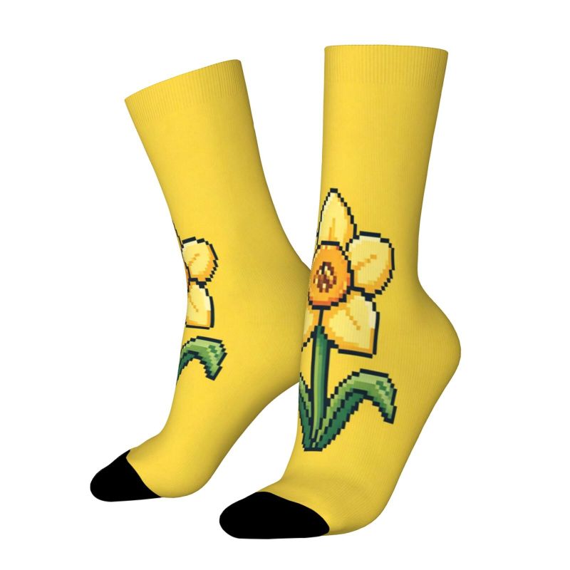 TEMU A Pair Of Men's And Women' Style Spring/summer Outdoor Socks, Pixel Style, Daffodil Print, And Cute, Machine Washable, Suitable For Outdoor