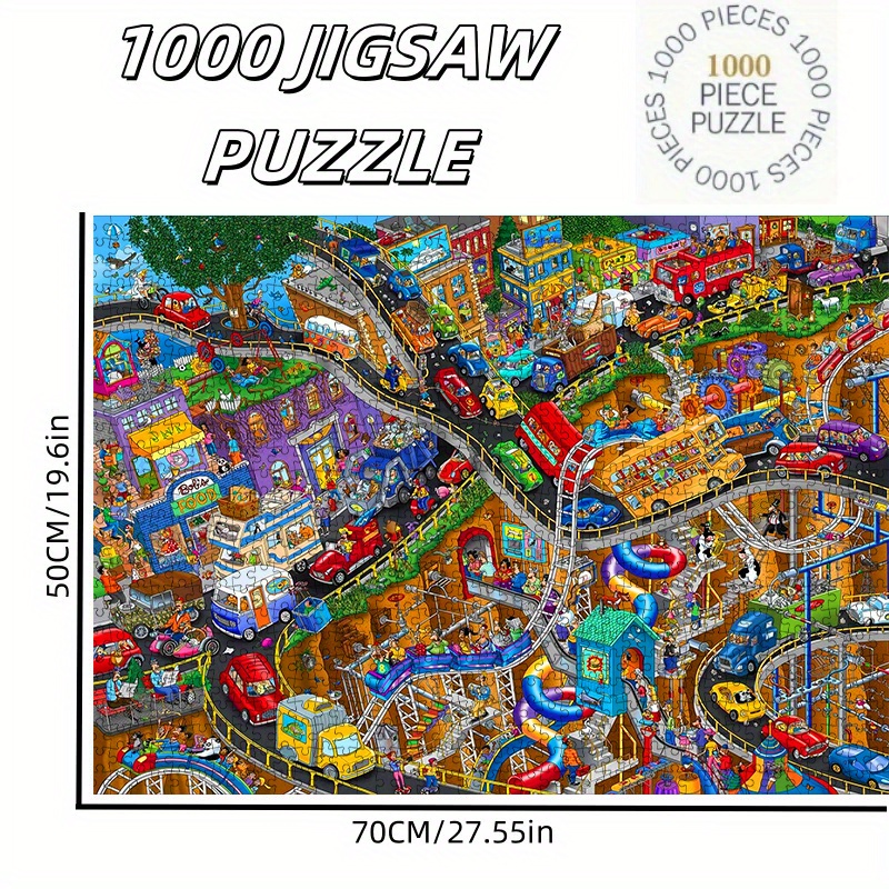 TEMU 1000pcs Paper Puzzle, Diy Puzzle, (busy City , Cartoon Style, Includes Amusement , Vehicles, Buildings) Adult Puzzle, Paper Puzzle, Suitable For