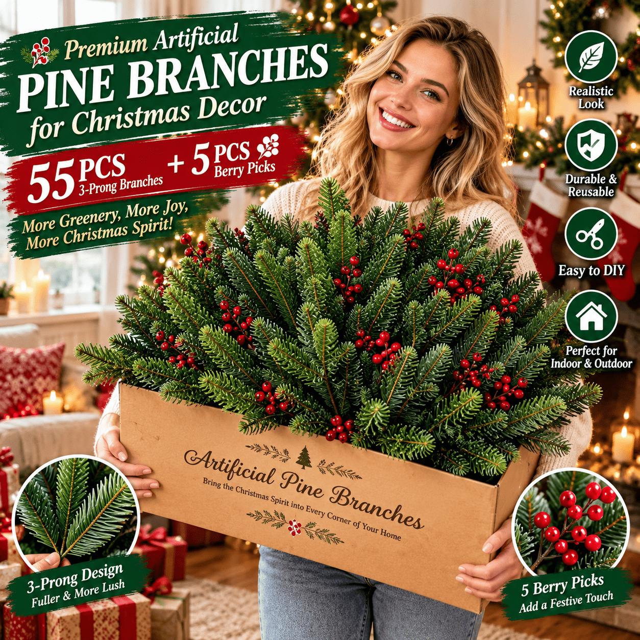 TEMU 55pcs Realistic Artificial Pine Branches And 5pcs Berries - Green Faux Pine Tree For Christmas Wreath Crafts, Home Decor, And Festive Table