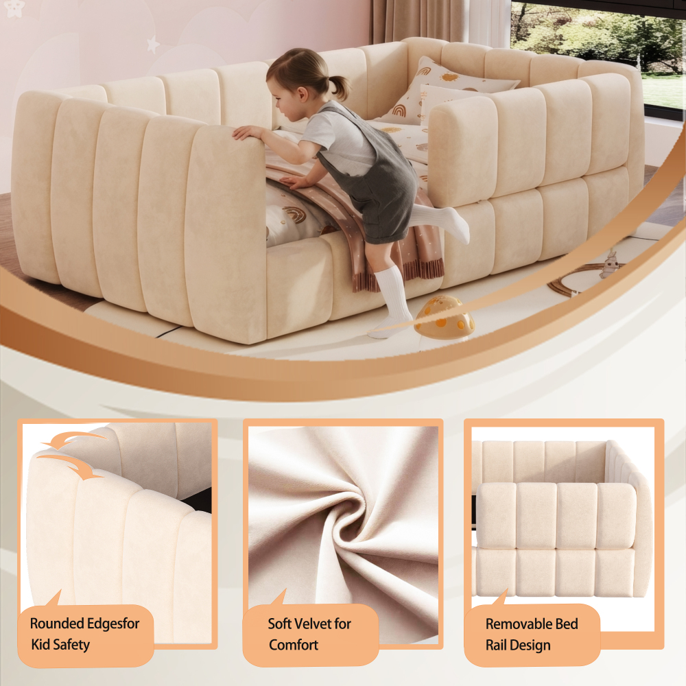Upholstered Floor Daybed with Removable Guardrails, Compatible with Standard US Mattresses, Safety Bed with High Headboard And Footboard, Beige
