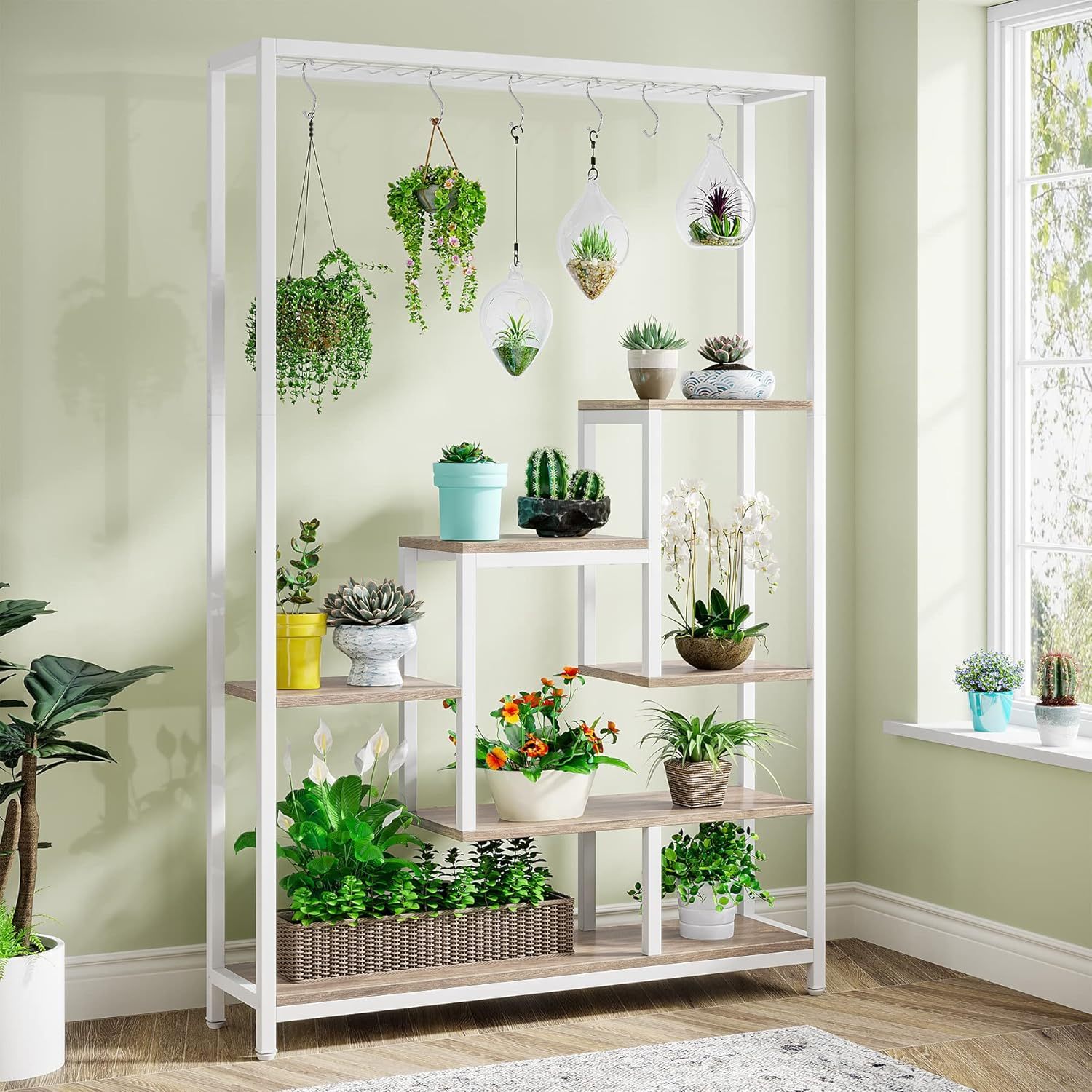 multi purpose flower bonsai display rack for indoor muliti tier tall indoor plant stand 70 9 inches metal plant shelf with 10pcs s hanging hooks garden   room metal shelving units