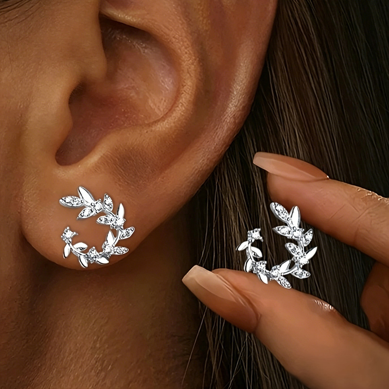TEMU Boucles d'oreilles élégantes à clous de feuille avec incrustation de en arc pour femme, pour , les loisirs, les fêtes, les vacances, bijoux de