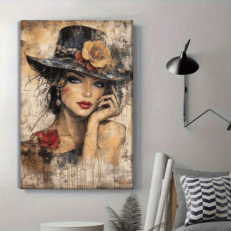 TEMU 2d Flat, 1pc 1pcs Elegant Woman With Rose Hat Framed Canvas Wall Art - Vintage Female Portrait, Pine Wood Frame Suitable For Living Room,