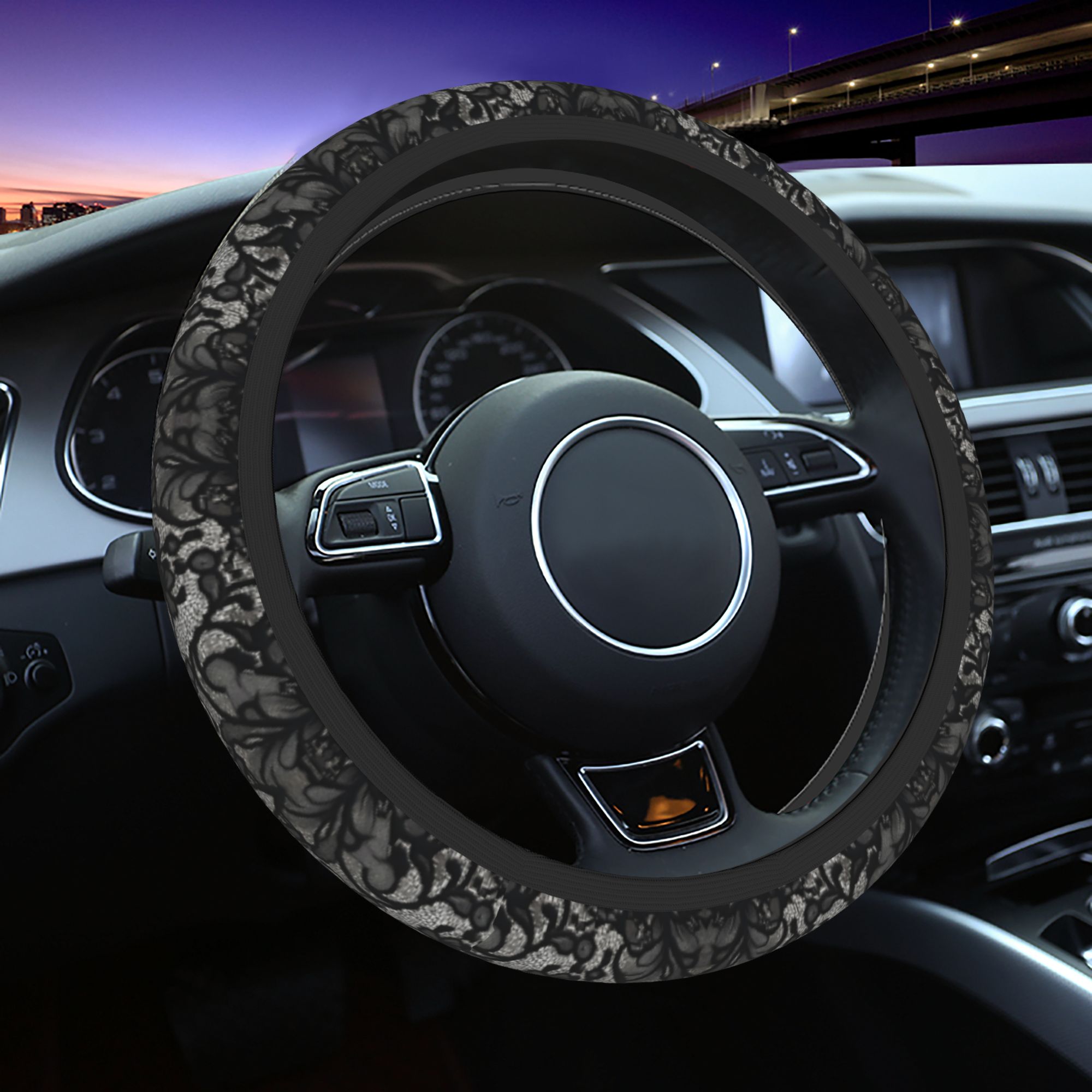 TEMU 3pcs Black Lace Pattern Car Interior Universal Fit For Most Vehicles, Includes 1 Steering Wheel Cover (no ) & 2 Cup Coasters. The Perfect