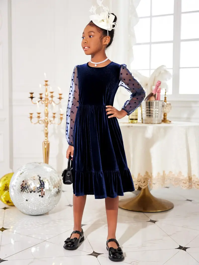 girls velvet dress A classic girl's in antique blue special occasion dress Classic Girl Short flutter sleeves Pearl Embellished Velvet Dress Blue