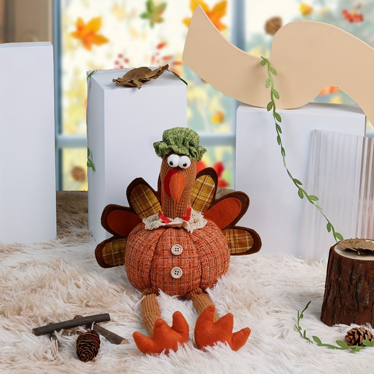TEMU Turkey Couple Ornament For Thanksgiving, Featuring Hanging Legs, Handmade Dolls, And A Figurine For Tabletop Decoration