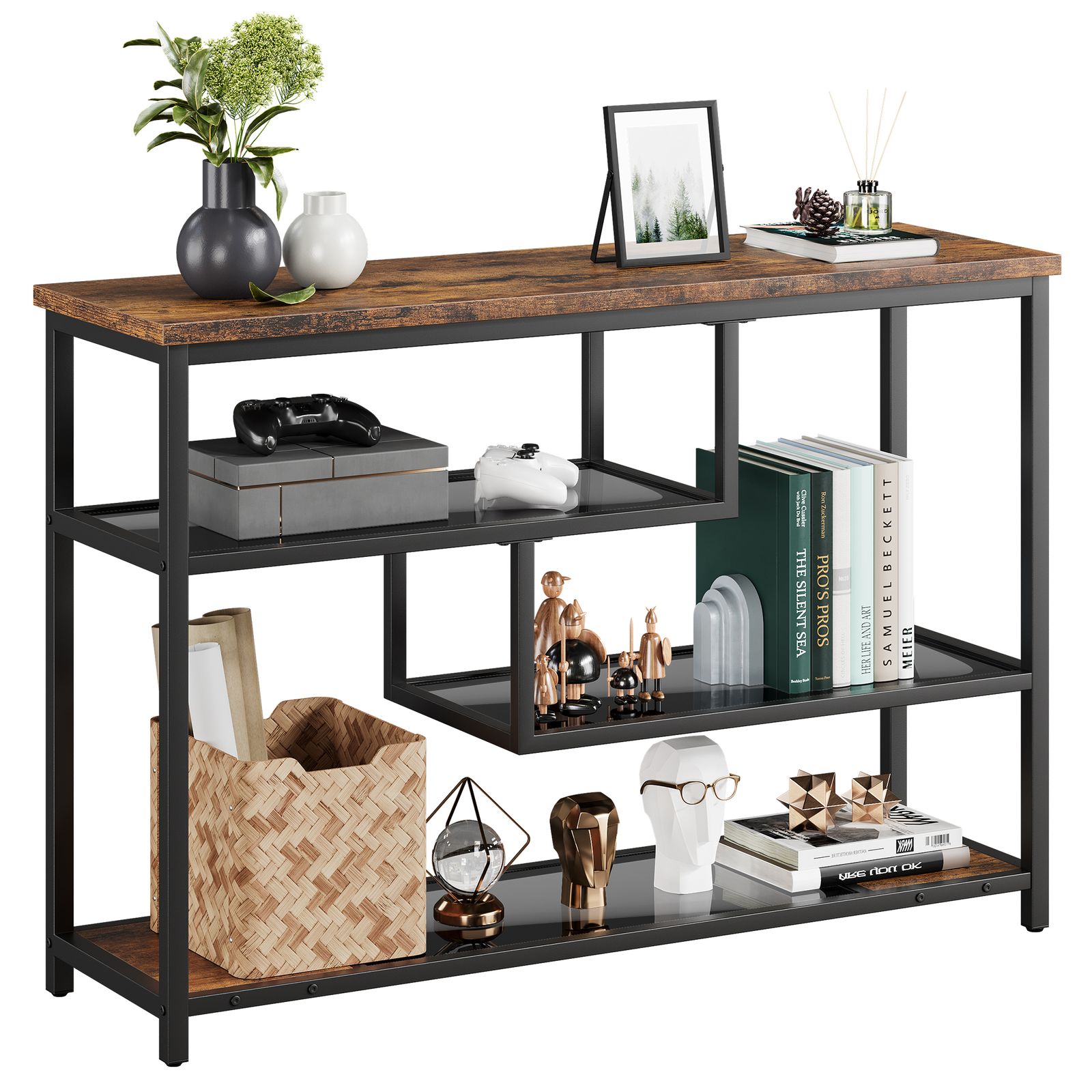 TEMU A 4-level Console Table Featuring Glass Shelves And A Metal Structure, Designed As A Slim Sofa Table Suitable For The Living Room, Foyer, Or