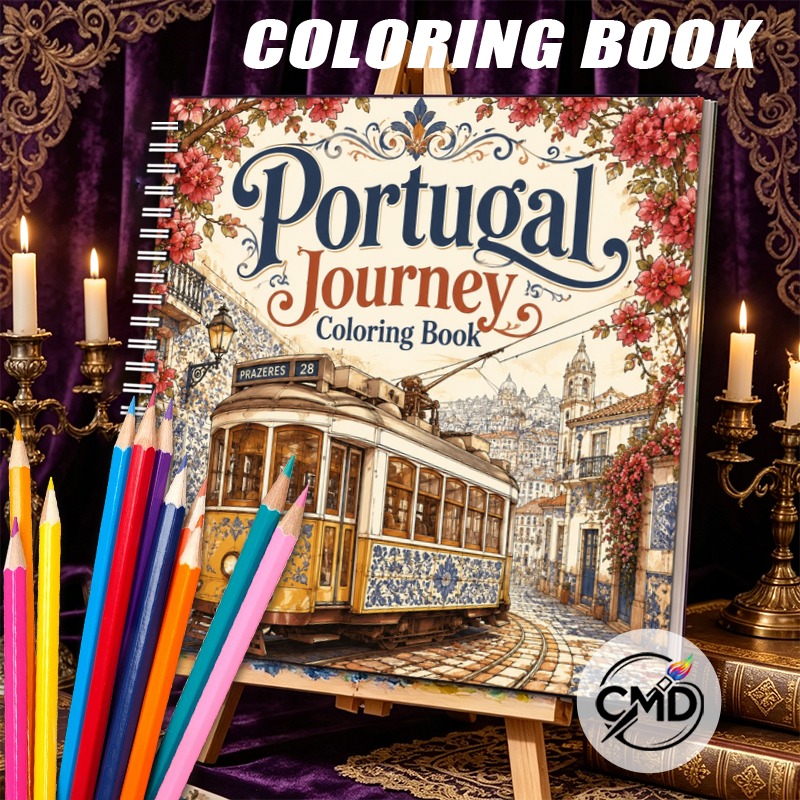 TEMU CMD Livre de coloriage souple anti-stress avec motif voyage au Portugal, scènes de vintage, pour anniversaires, Noël, Halloween, Thanksgiving,